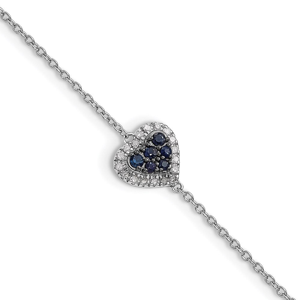 7 Inch Sterling Silver Rhodium Diam. & Sapphire Heart Bracelet