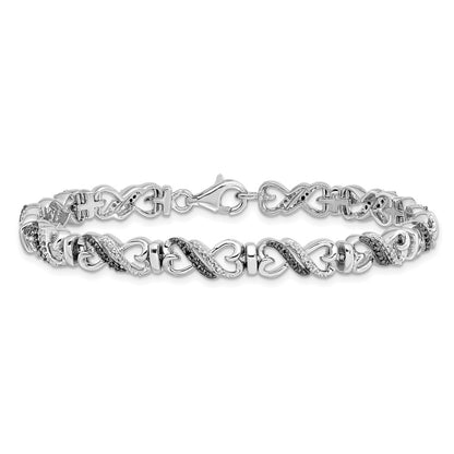 Sterling Silver White Night Rhodium-Plated Black And Diamond Infinity Heart 7.5 Inch Bracelet