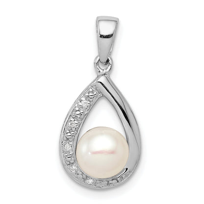 Sterling Silver Rhodium Fw Cultured Pearl & Diamond Pendant