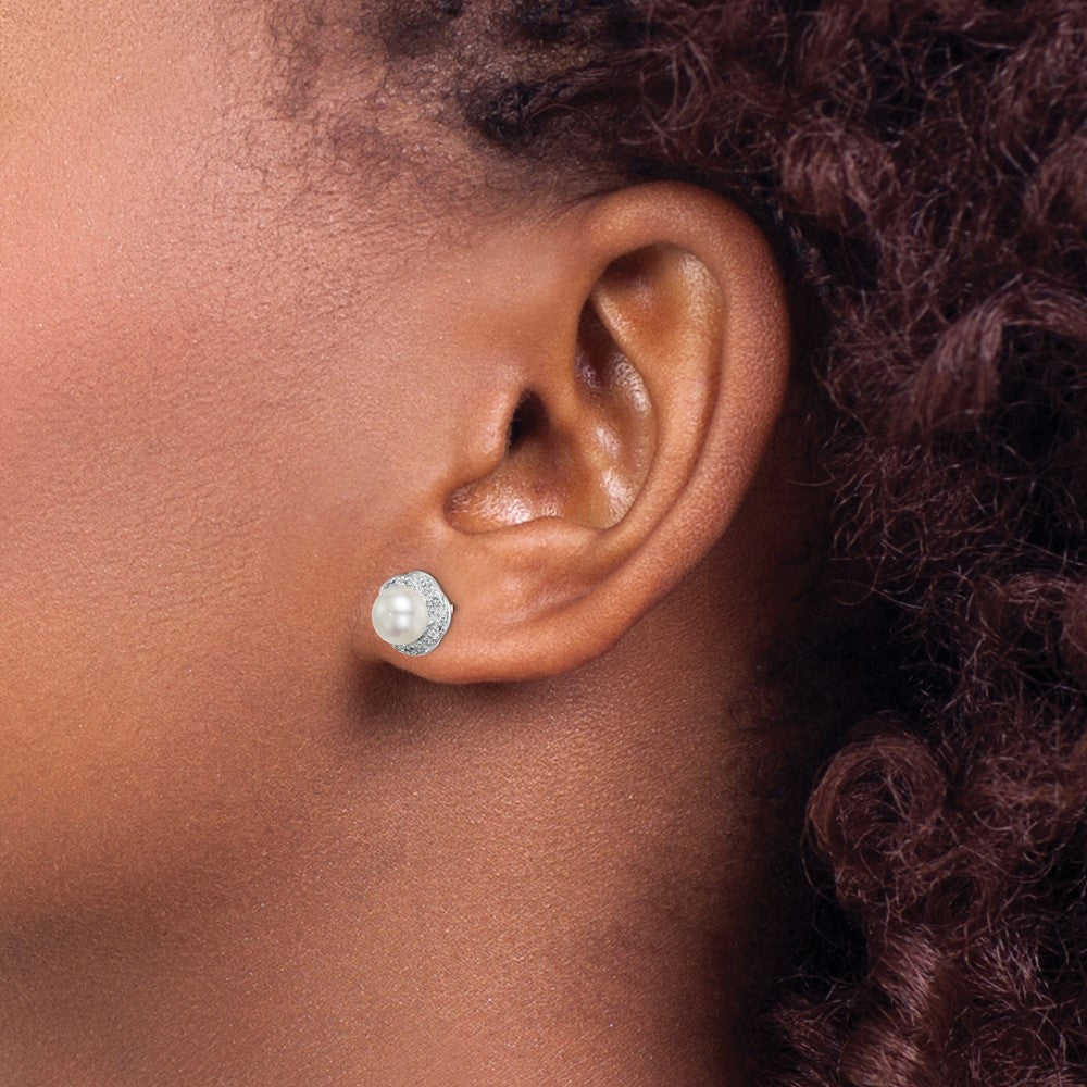 Sterling Silver Rhodium Fw Cultured Pearl & Diamond Post Earrings