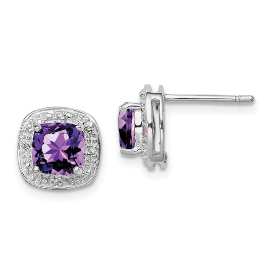 Sterling Silver Rhodium Plated Amethyst And Diamond Post Earrings
