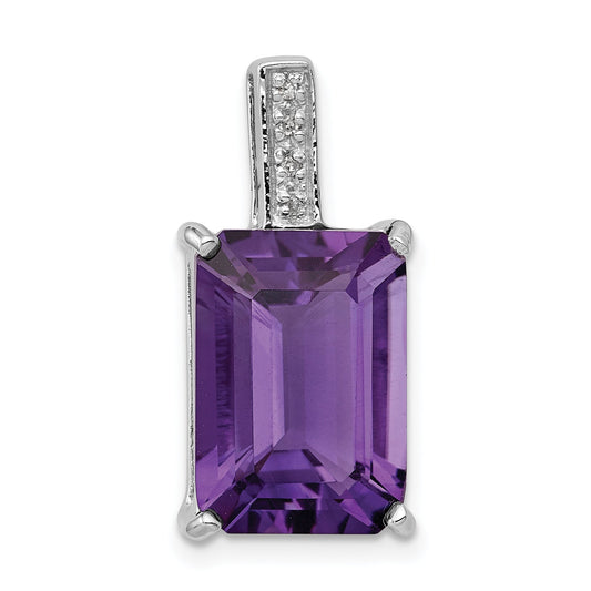 Sterling Silver Rhodium Emerald-Cut Amethyst & Diamond Pendant