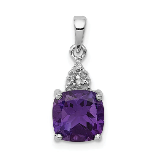 Sterling Silver Rhodium Plated Amethyst And Diamond Pendant