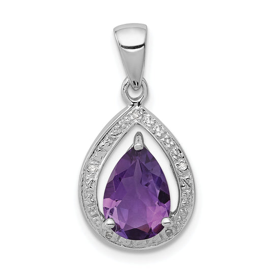 Sterling Silver Rhodium Plated Amethyst And Diamond Pendant