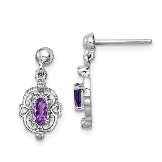 Sterling Silver Rhodium Plated Amethyst And Diamond Post Earrings