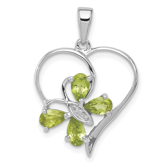 Sterling Silver Rh Plated Peridot And Diamond Butterfly Heart Pendant