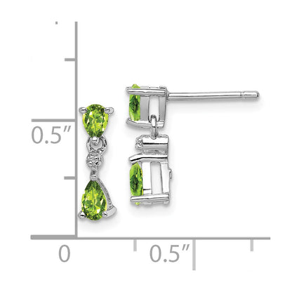 Sterling Silver Rhodium Plated Pear Peridot And Diamond Post Earrings