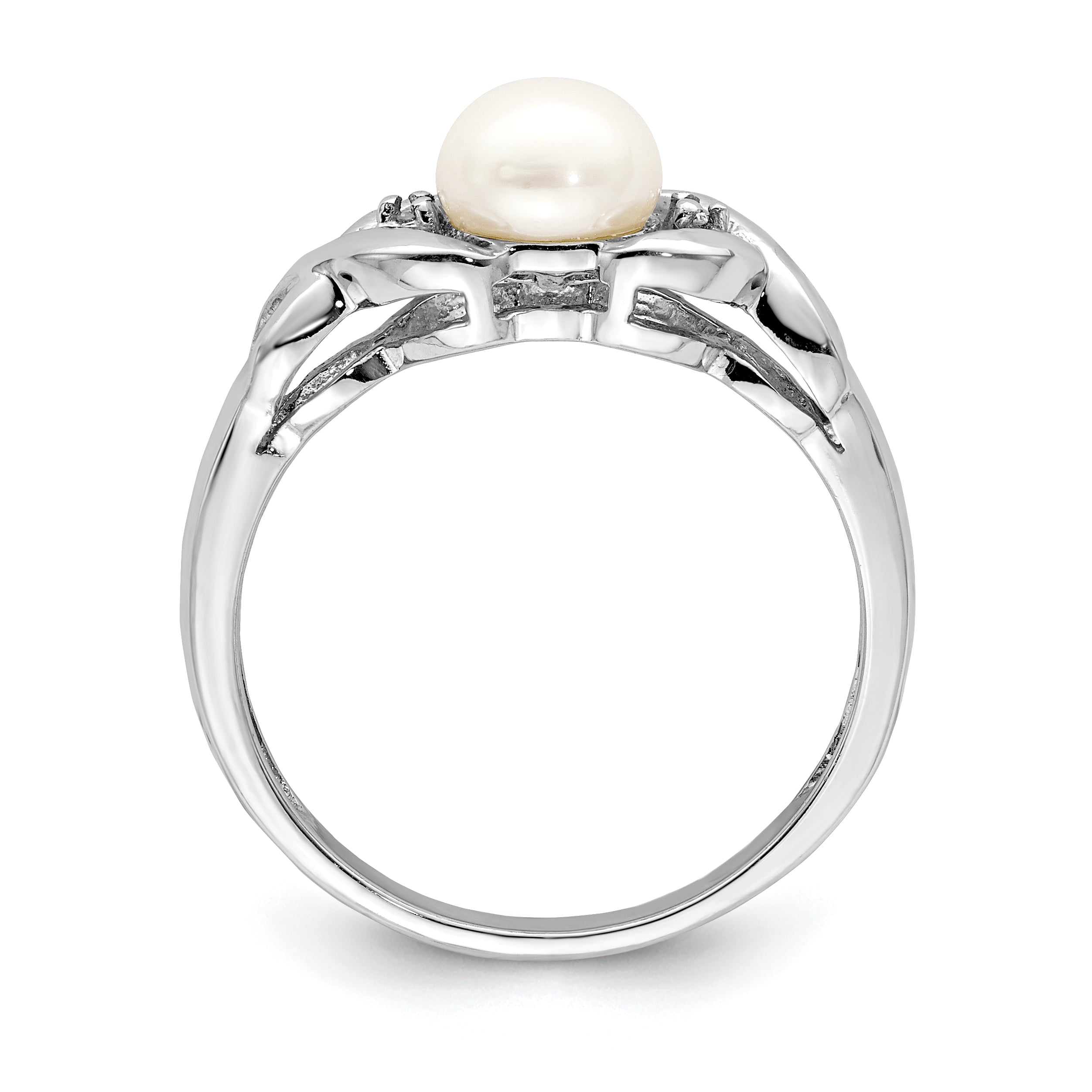 Sterling Silver Rhodium Fw Cultured Button Pearl & Diamond Ring