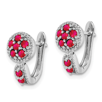 Sterling Silver Rhodium-Plated Ruby Circle Hinged Earrings