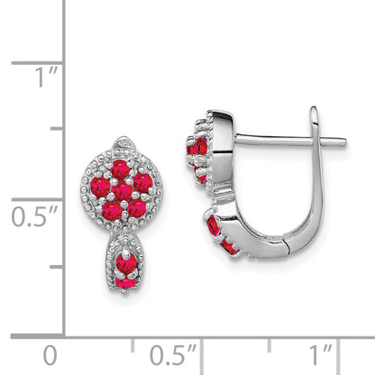 Sterling Silver Rhodium-Plated Ruby Circle Hinged Earrings