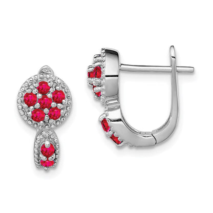 Sterling Silver Rhodium-Plated Ruby Circle Hinged Earrings