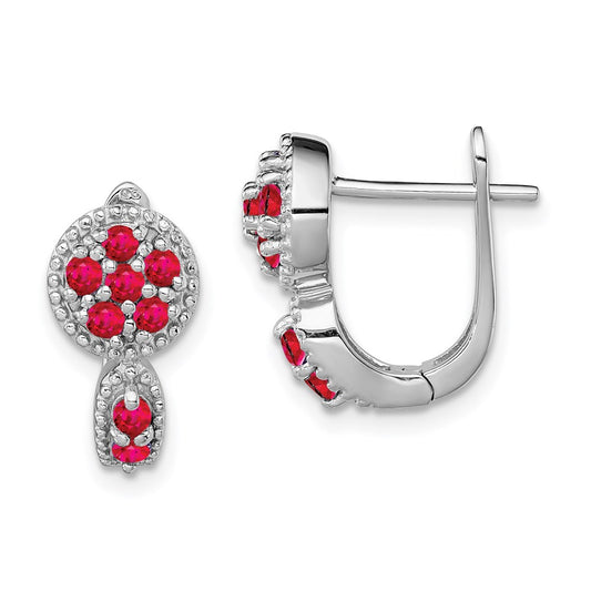Sterling Silver Rhodium-Plated Ruby Circle Hinged Earrings