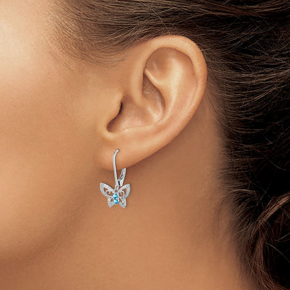 Sterling Silver Rhodium-Plated Blue Topaz And Diamond Earrings