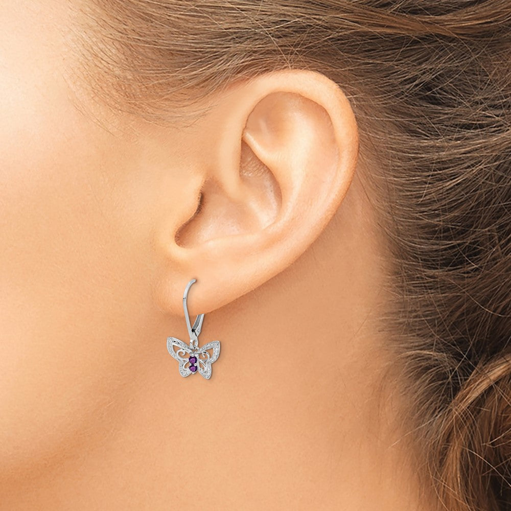 Sterling Silver Rhodium-Plated Amethyst And Diamond Butterfly Earrings
