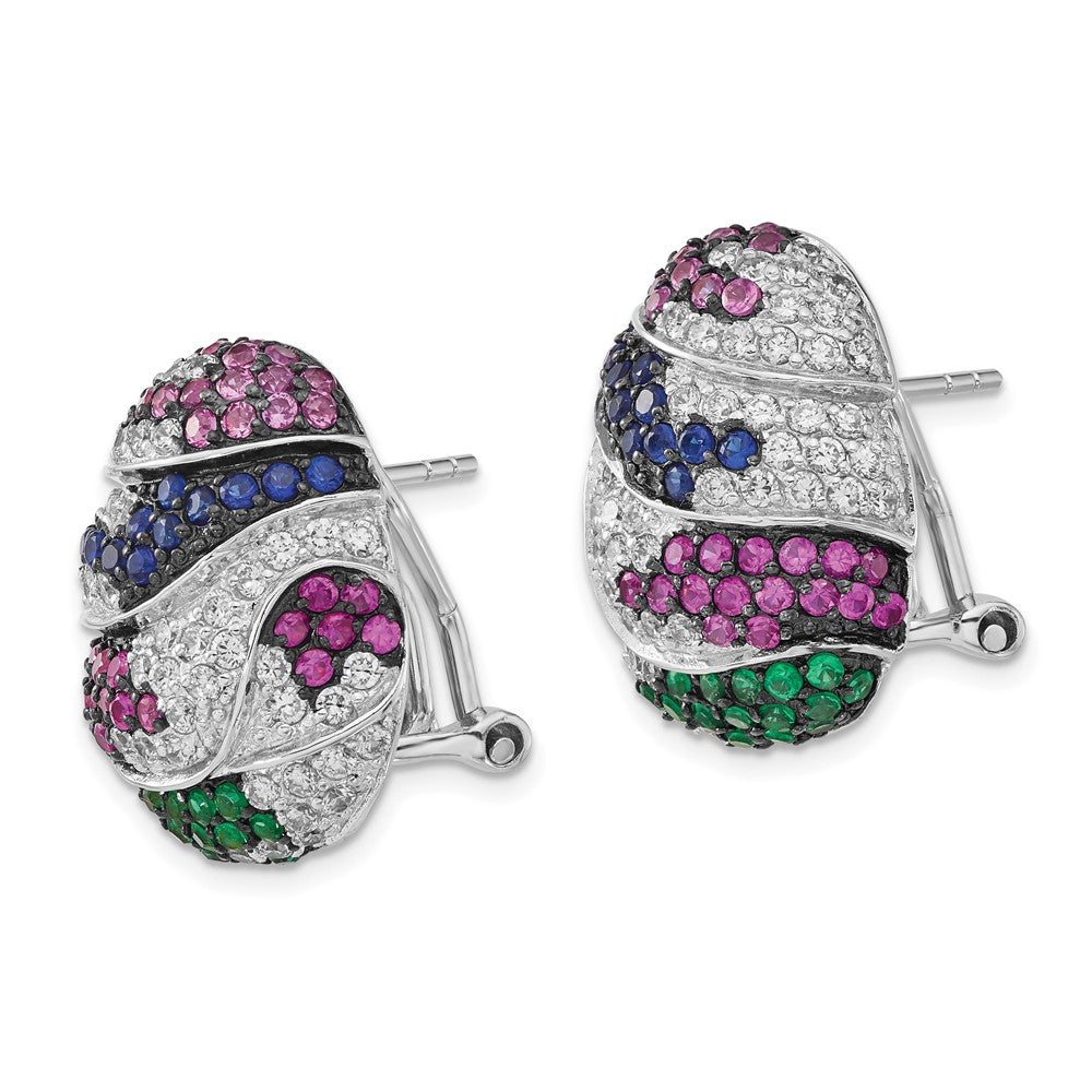 Sterling Silver W/ Black Rhodium Blue & Green Glass, Synthetic Ruby Cz Omega Back Earrings