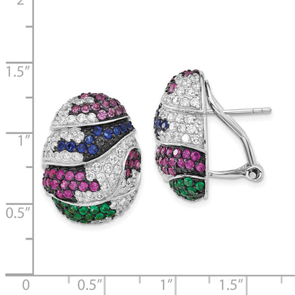 Sterling Silver W/ Black Rhodium Blue & Green Glass, Synthetic Ruby Cz Omega Back Earrings