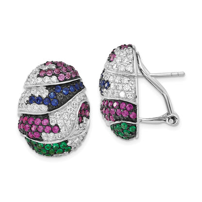 Sterling Silver W/ Black Rhodium Blue & Green Glass, Synthetic Ruby Cz Omega Back Earrings