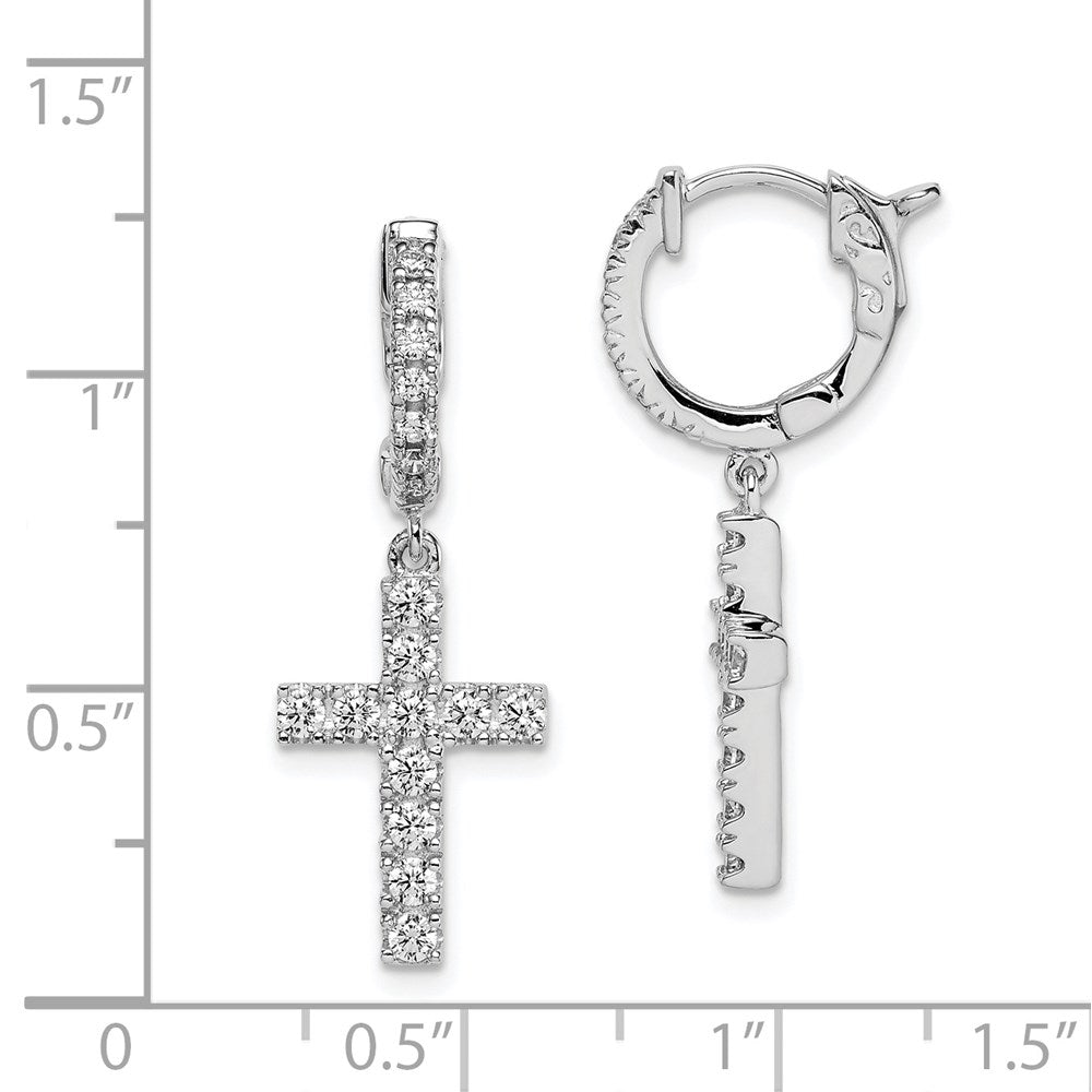 Sterling Silver Shimmer Rhodium-Plated 36 Stone Cz Cross Dangle Hinged Hoop Earrings