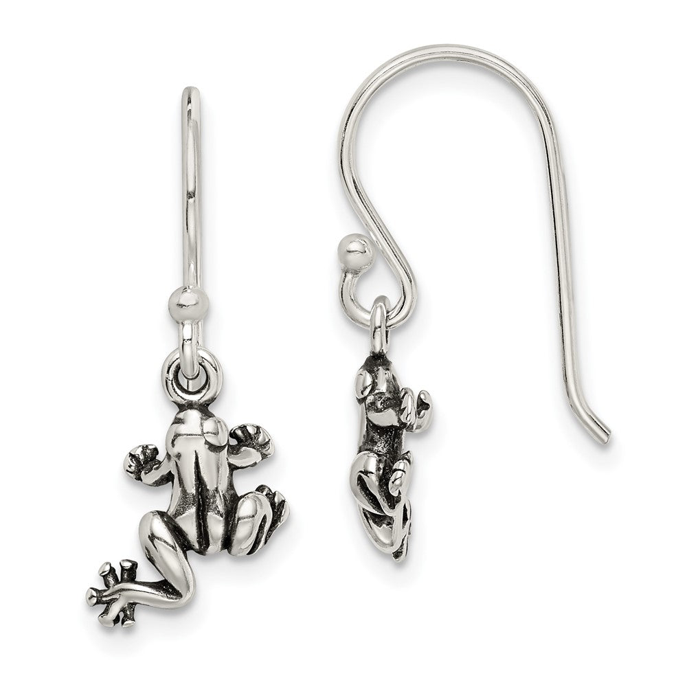 Sterling Silver And Antiqued Frog Shepherd Hook Earrings