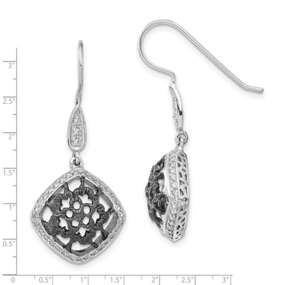 Sterling Silver & Black Rhodium Cz Floral Filigree Dangle Earrings