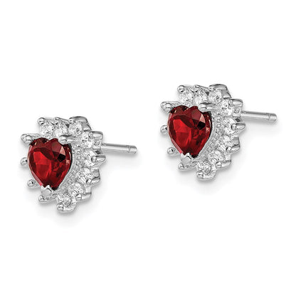 Sterling Silver Rhodium-Plated Garnet And Cz Heart Earrings