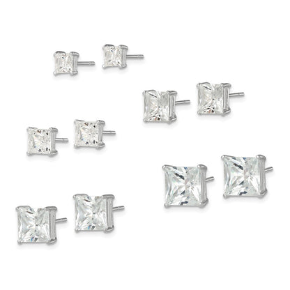 Sterling Silver Polished Square Cz 5-Pair Post Earrings Set