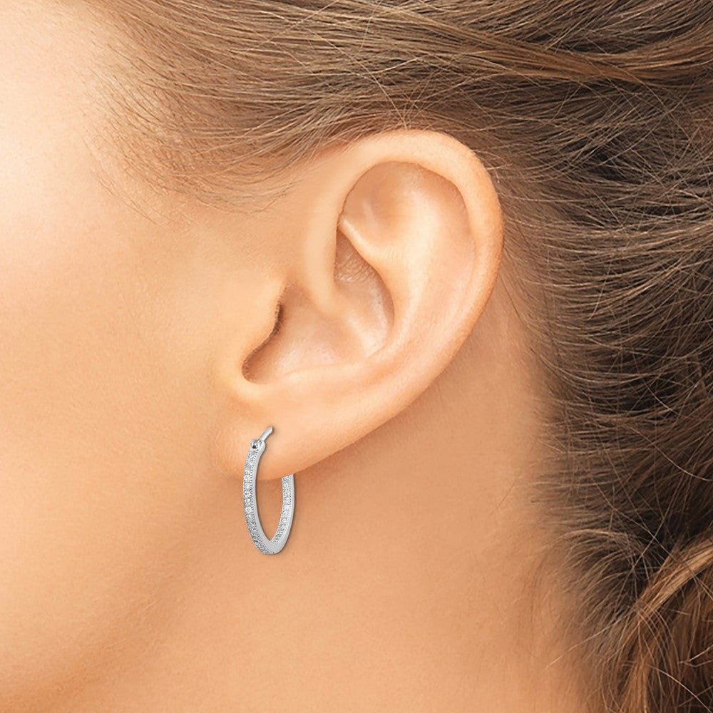 Sterling Silver Rhodium-Plated Cz 15mm In/Out Hoop Earrings