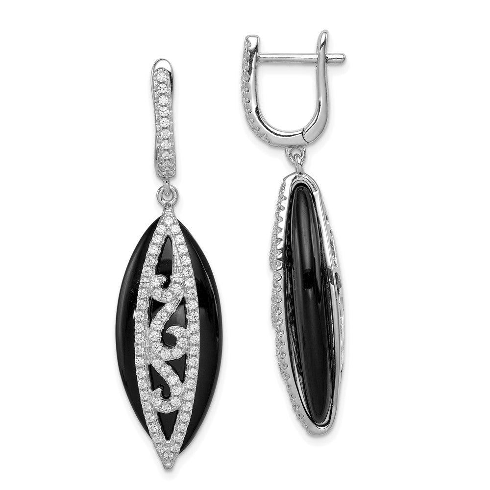 Sterling Silver Rhodium-Plated Cz And Onyx Hinged Hoop Earrings