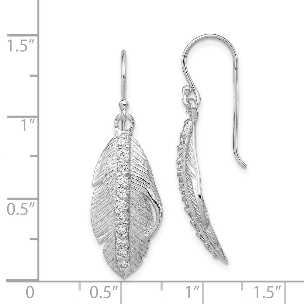 Sterling Silver Rh-Plated Cz Textured Feather Shepherd Hook Earrings
