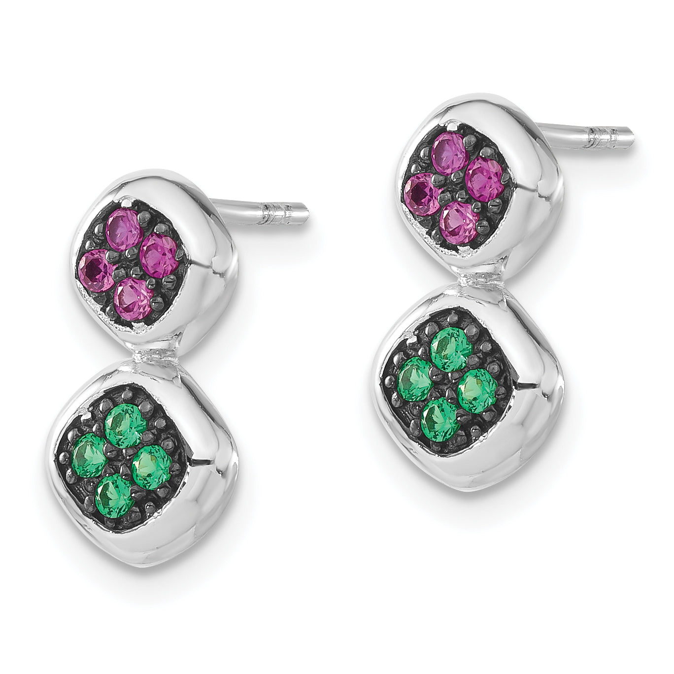 Sterling Silver Black Rhodium Synthetic Ruby & Green Spinel Post Dangle Earrings