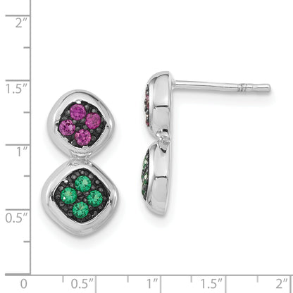 Sterling Silver Black Rhodium Synthetic Ruby & Green Spinel Post Dangle Earrings