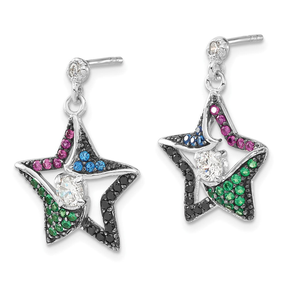 Sterling Silver W/ Black Rhodium Synthetic Spinel, Syn. Ruby & Cz Star Post Dangle Earrings