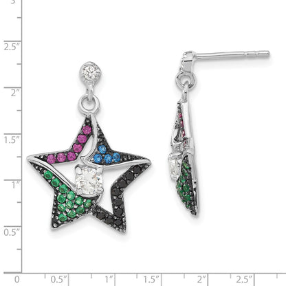 Sterling Silver W/ Black Rhodium Synthetic Spinel, Syn. Ruby & Cz Star Post Dangle Earrings