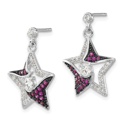 Sterling Silver W/ Black Rhodium Syn. Ruby & Cz Star Post Dangle Earrings