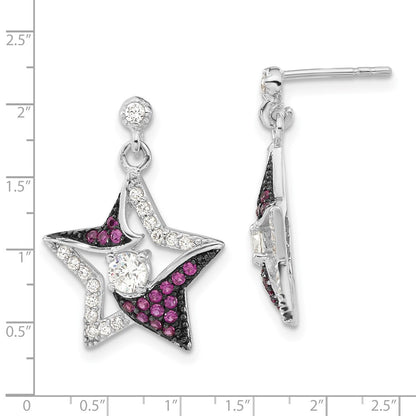Sterling Silver W/ Black Rhodium Syn. Ruby & Cz Star Post Dangle Earrings