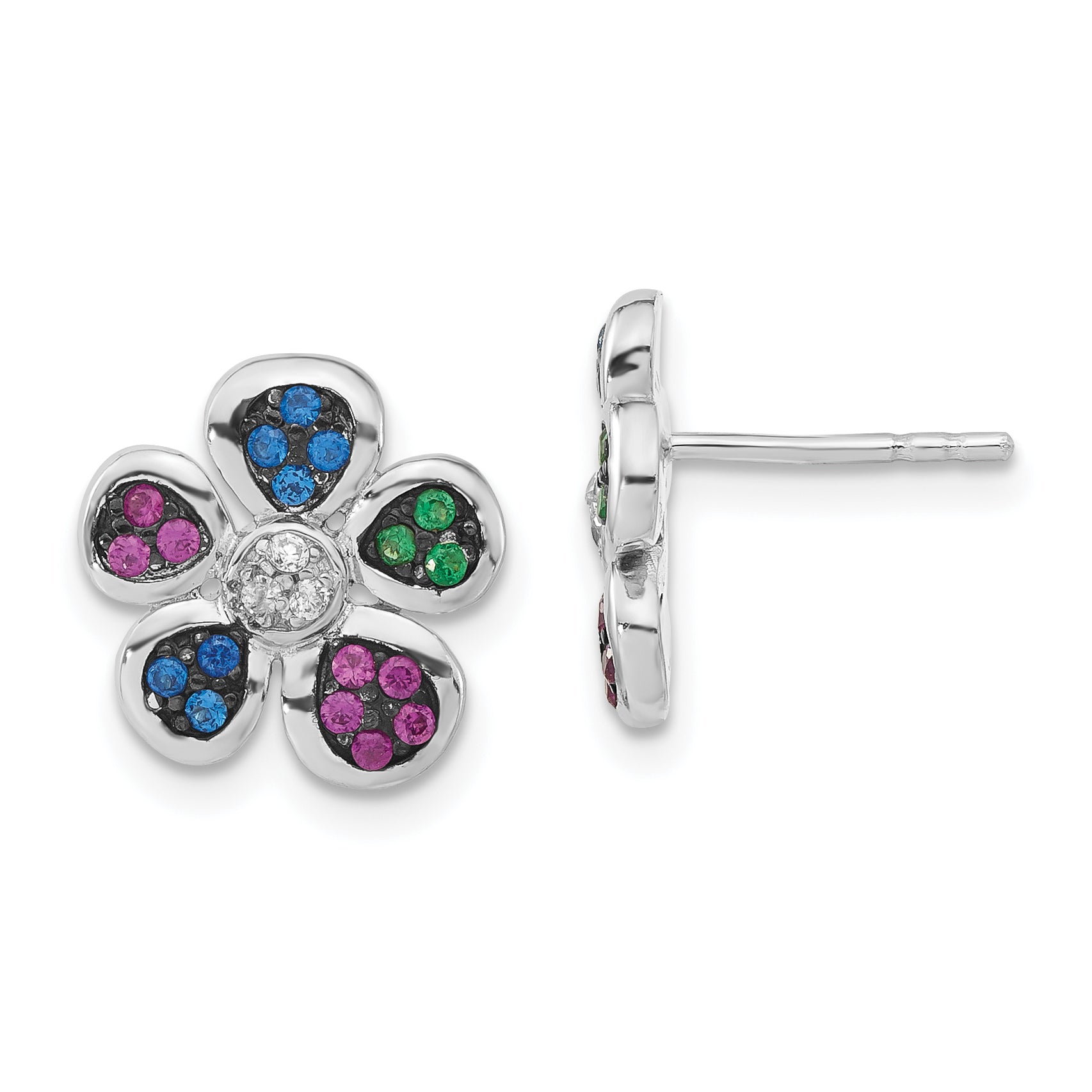 Sterling Silver W/ Black Rhodium Synthetic Ruby, Spinel & Cz Flower Post Earrings