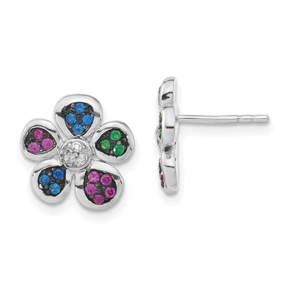 Sterling Silver W/ Black Rhodium Synthetic Ruby, Spinel & Cz Flower Post Earrings