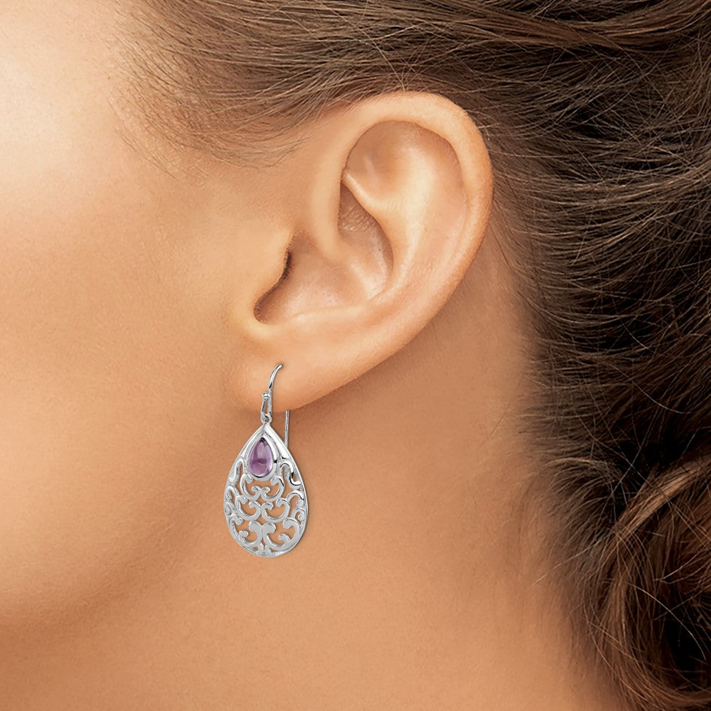 Sterling Silver Rhodium-Plated Amethyst Teardrop Shepherd Hook Earrings