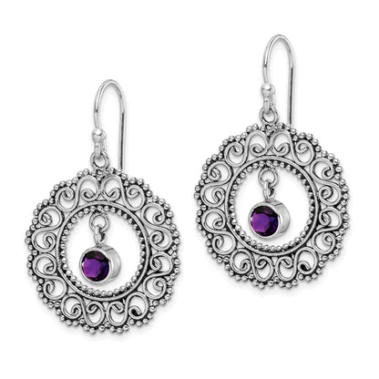 Sterling Silver Rhodium-Plated Antiqued Filigree Amethyst Dangle Earrings