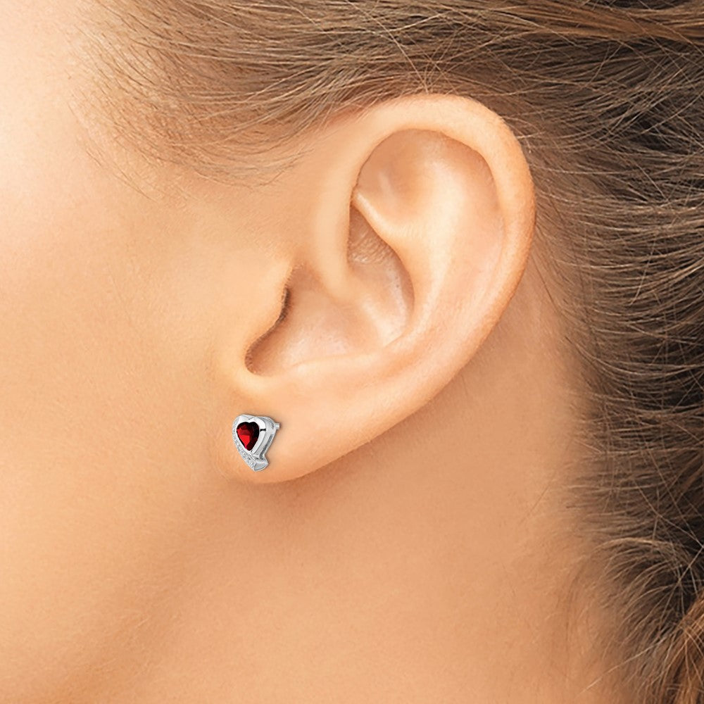Sterling Silver Rhodium-Plated Garnet And Diamond Heart Earrings