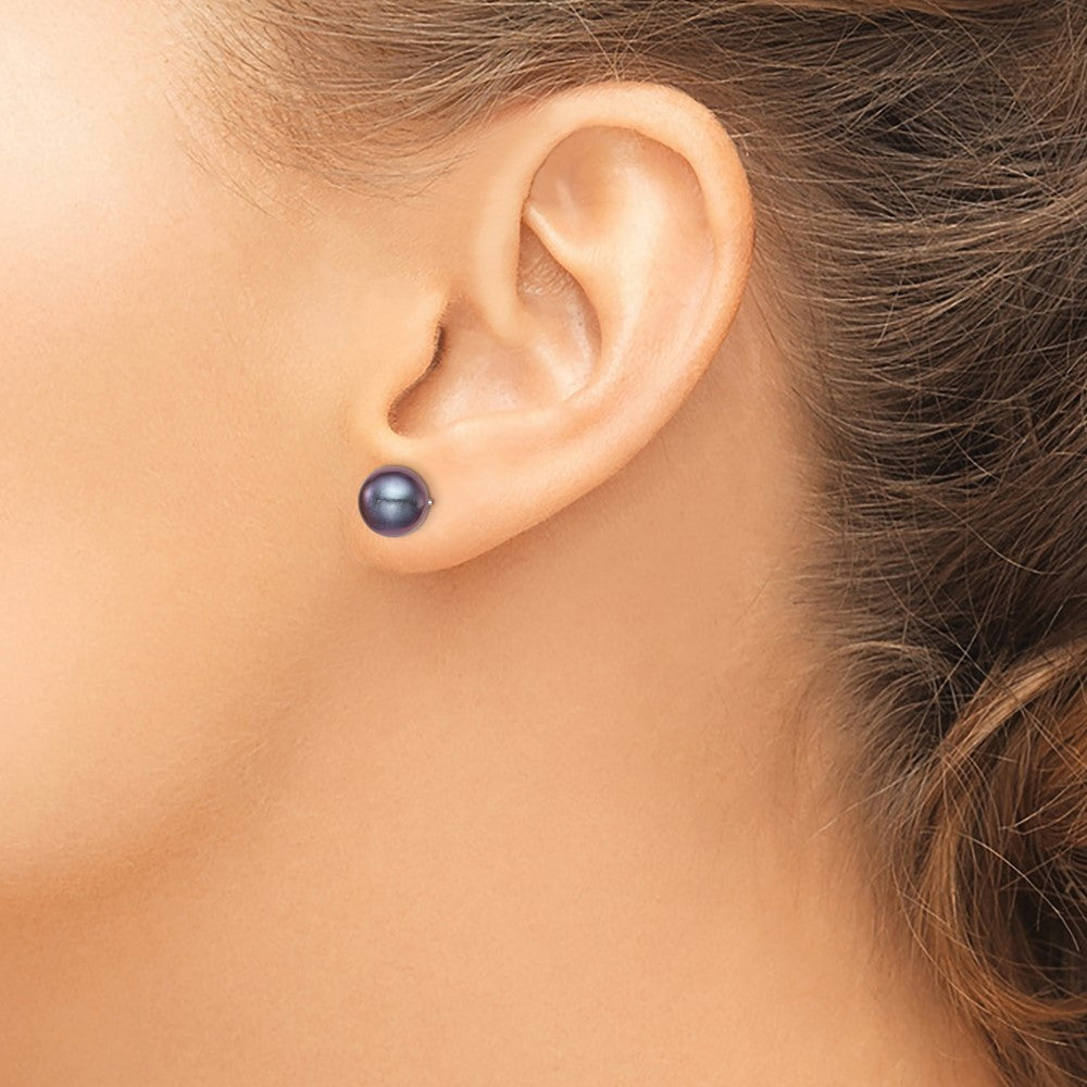 Sterling Silver Rh-Plated 8-9mm Black Fw Cultured Round Pearl Stud Earrings