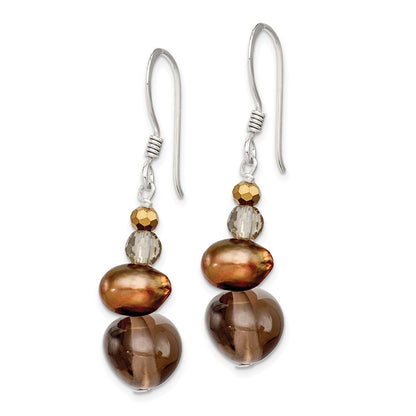 Sterling Silver Polished Fwc Pearl, Crystal & Smoky Quartz Dangle Earrings
