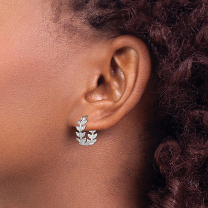 Sterling Silver Rhodium-Plated Micro Pav Cz Leaf Hoops