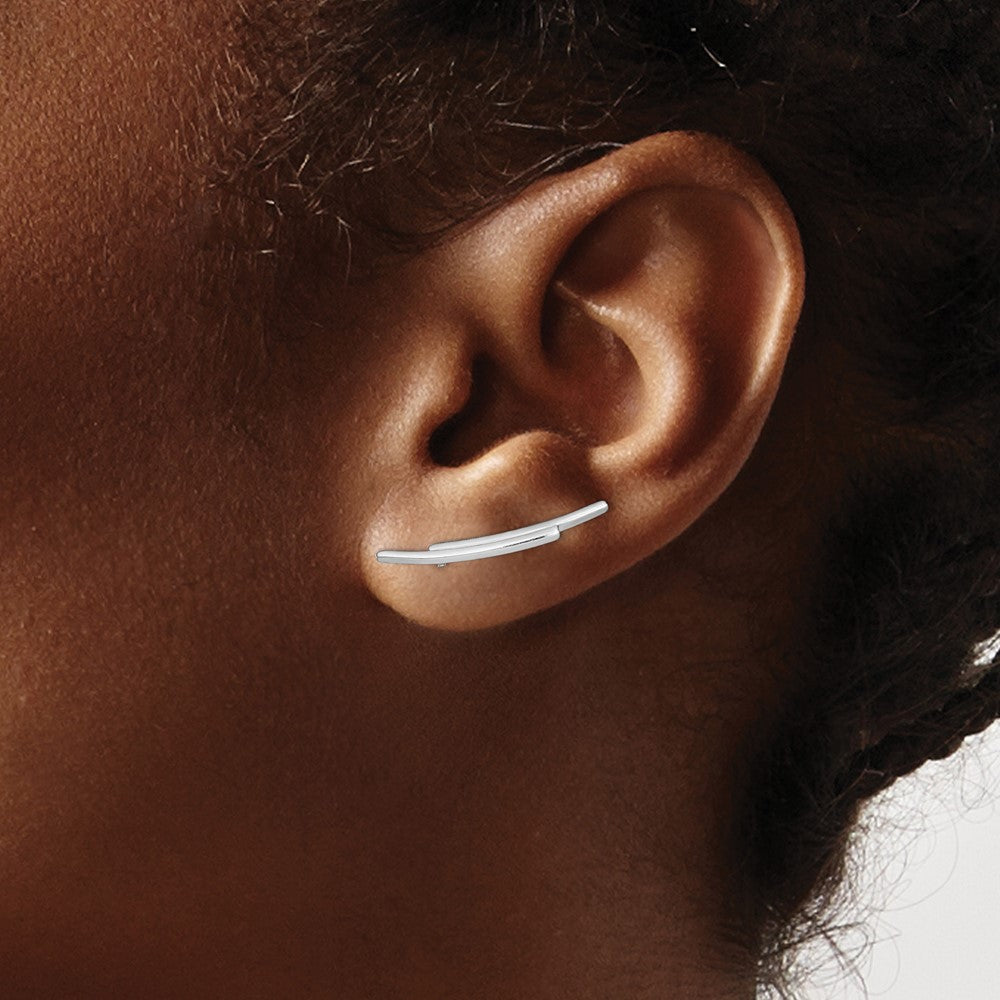 Sterling Silver Rhod-Plated Polished Double Curved Bar Ear Climber Earrings