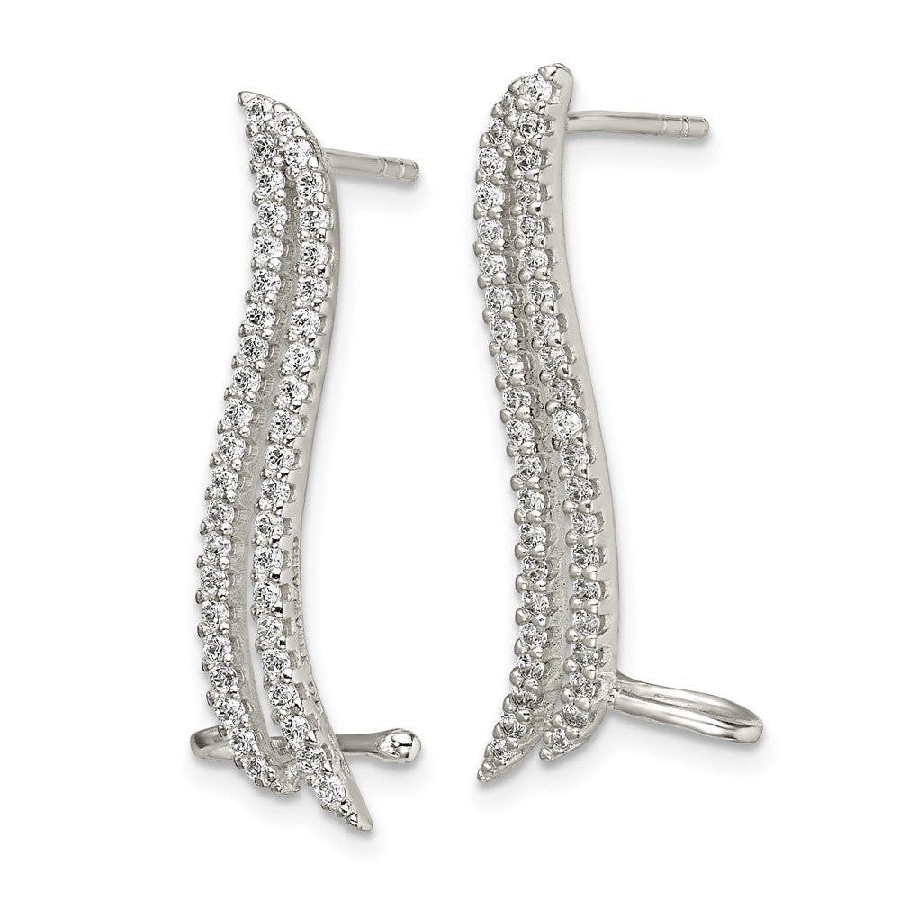 Sterling Silver Polished Cz Double Row Post & Cuff Ear Climber Earrings