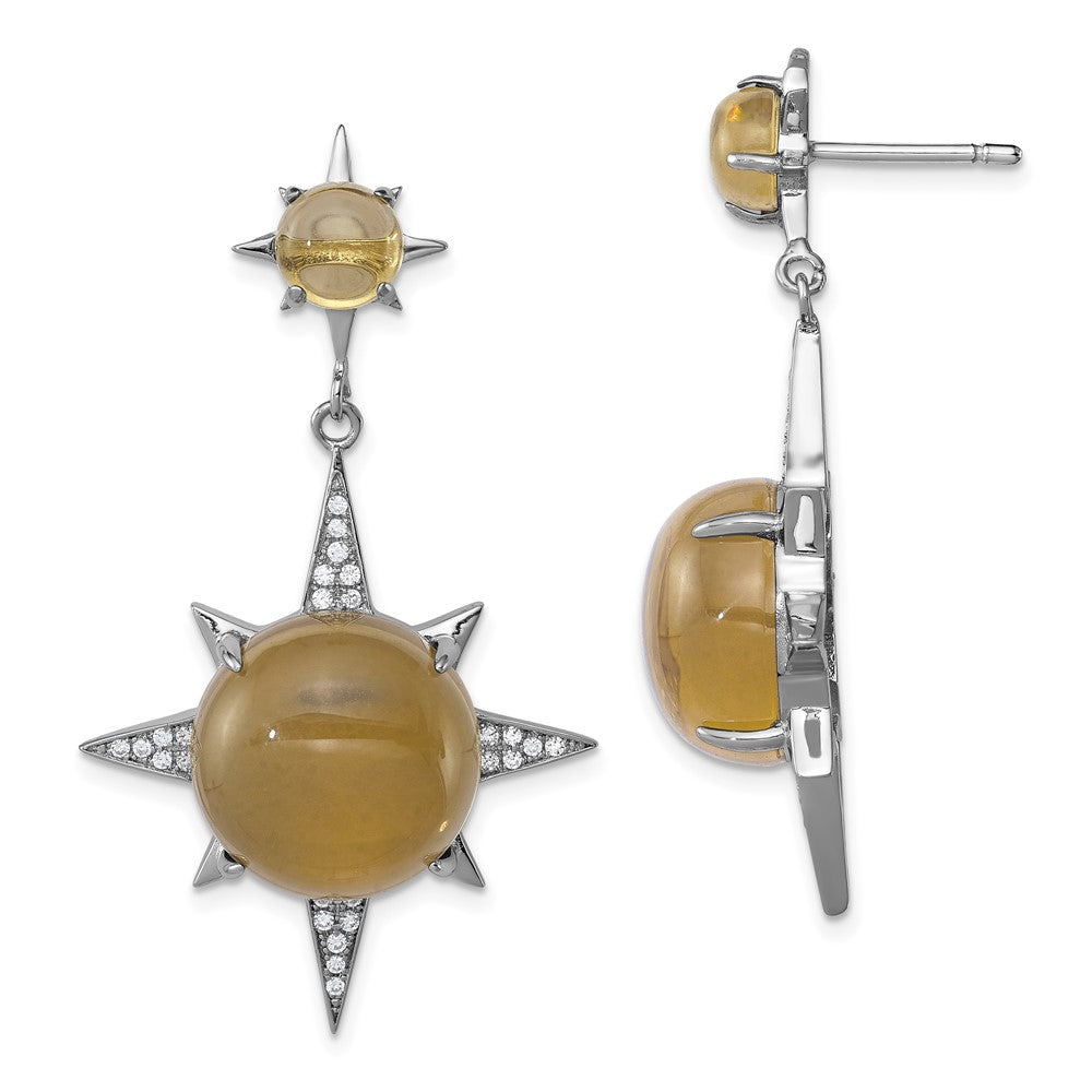 Sterling Silver Rhod-Plated Brown Glass And Cz Sunburst Post Earrings
