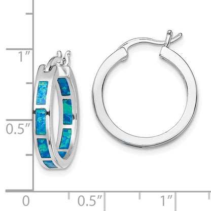 Sterling Silver Rhodium-Plated Blue Cr. Opal In/Out Round Hoop Earrings