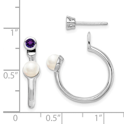 Sterling Silver Rhodium-Plate Fwc Pearl & Amethyst Front Back Earrings