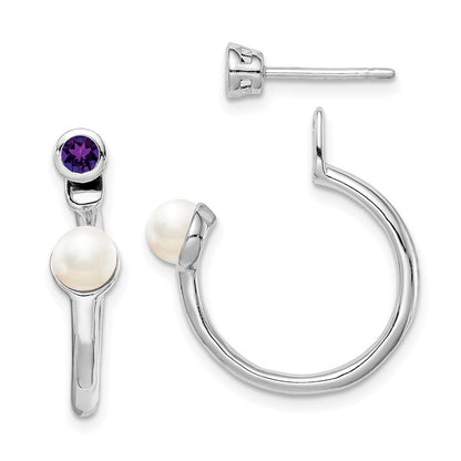 Sterling Silver Rhodium-Plate Fwc Pearl & Amethyst Front Back Earrings