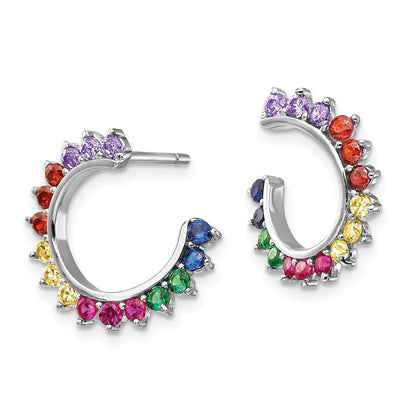Sterling Silver Prizma Rhodium-Plated Colorful Cz Open Hoop Post Earrings